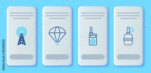 Set line Parachute, Walkie talkie, Radar and Hand grenade icon. Vector