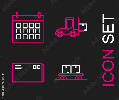 Set line Railway carriage, Envelope, Forklift truck and Calendar icon. Vector