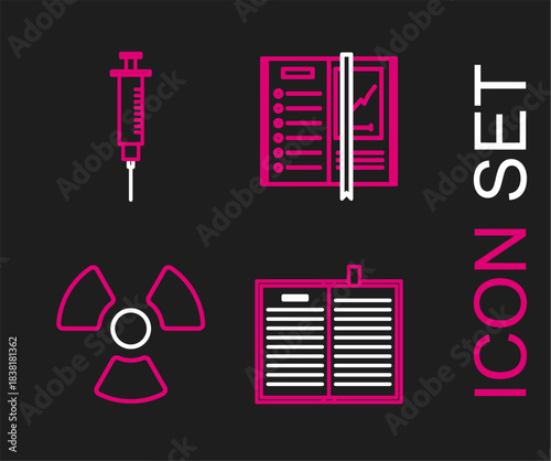 Set line Open science book, Radioactive, Notebook and Syringe icon. Vector