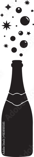 Black silhouette of champagne bottle with bubbles and stars