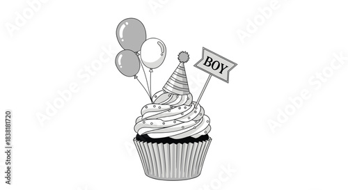 Black and white illustration of a festive cupcake with balloons, a party hat, and a 'BOY' flag, ideal for a baby shower or gender reveal.