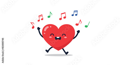 Happy cartoon heart character dancing surrounded by colorful musical notes, expressing joy and a love for music.