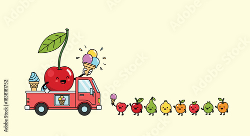 A cheerful cartoon cherry drives an ice cream truck while a parade of adorable fruits, some holding ice cream, follows on a light background.