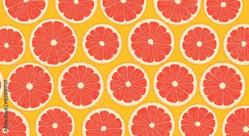 Seamless pattern of fresh pink grapefruit slices arranged on a vibrant yellow background, perfect for a cheerful and healthy design.