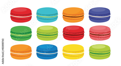 A dozen colorful macarons arranged in rows on a white background, showcasing a variety of vibrant sweet French pastry treats.