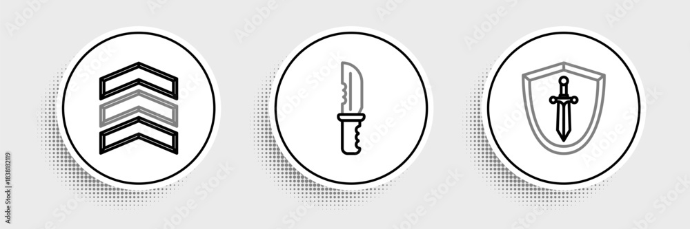 Obraz premium Set line Medieval shield with sword, Military rank and knife icon. Vector