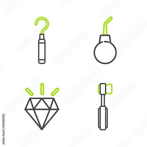 Set line Toothbrush, Diamond teeth, Enema pear and Dental explorer scaler for icon. Vector