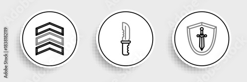 Set line Medieval shield with sword, Military rank and knife icon. Vector
