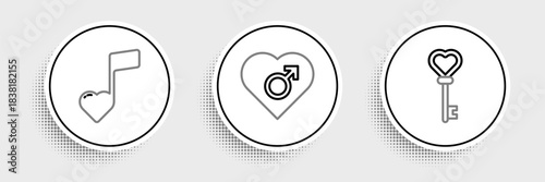 Set line Key in heart shape, Music note, tone with hearts and Heart male gender icon. Vector