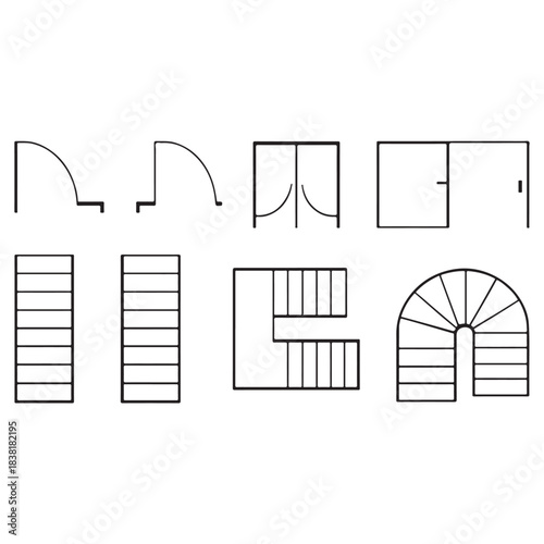 Doors, stairs for floor plan top view. Architectural elements set for apartment scheme. vector