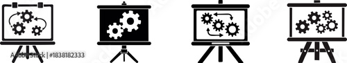 Four icons depict presentation boards with gears, symbolizing innovation, teamwork, and mechanical processes in a visual format.