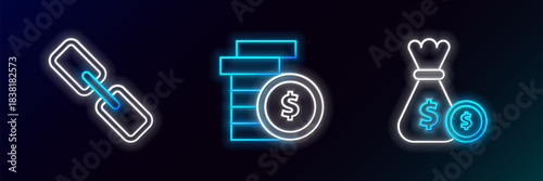 Set line Money bag and coin, Chain link and Coin money with dollar symbol icon. Glowing neon. Vector