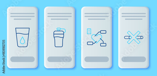 Set line Fitness shaker, Attention to health heart, Glass with water and No Smoking icon. Vector