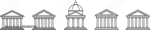 Classic architectural building vector outline icons depicting ancient temples and government structures for historical designs