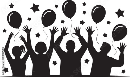 Black silhouette of people celebrating with balloons and stars