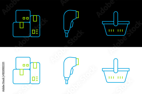 Set line Shopping basket, Cash register machine and Scanner scanning bar code icon. Vector