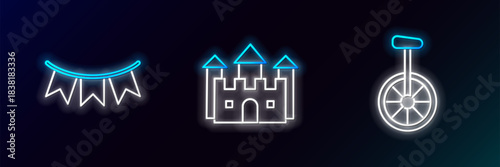 Set line Unicycle or one wheel bicycle, Carnival garland with flags and Castle icon. Glowing neon. Vector