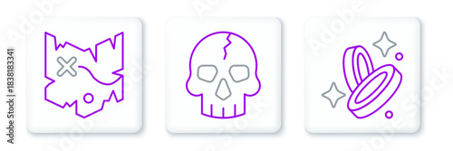 Set line Pirate coin, treasure map and Skull icon. Vector