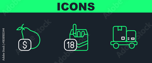 Set line Hand truck and boxes, Price tag for pear and Cigarettes pack icon. Vector