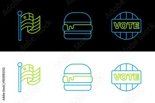 Set line Vote, American flag and Burger icon. Vector