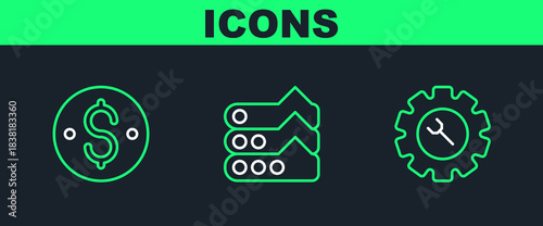 Set line Wrench and gear, Dollar symbol and Graph, chart, diagram icon. Vector