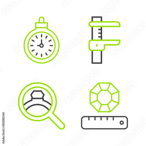 Set line Gem stone, Diamond engagement ring, Calliper or caliper and scale and Pocket watch icon. Vector