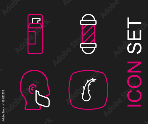 Set line Human hair follicle, Mustache and beard, Classic Barber shop pole and Shaving gel foam icon. Vector
