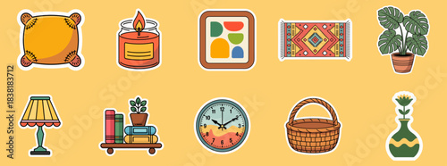 home decor sticker collection with cozy interior elements
