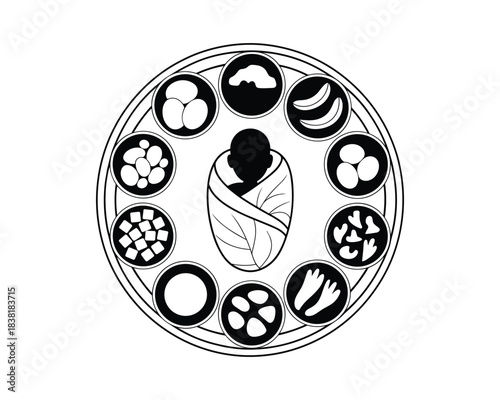 Baby wrapped in leaf surrounded by food icons in circle