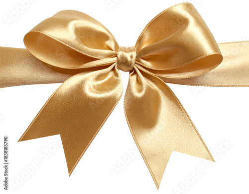  Flowing Gold Ribbon Forming a Loose Decorative Bow with Extended Tails, Curved Arrangement, Isolated,And transparent the background.