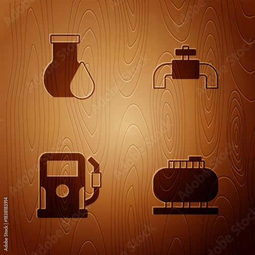 Set Oil tank storage, petrol test tube, Petrol gas station and Metallic pipes and valve on wooden background. Vector