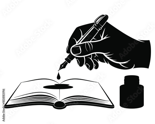 Hand holding fountain pen writing in open book ink bottle