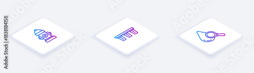 Set Isometric line Fire hydrant, Water filter and Drop and magnifying glass. White square button. Vector