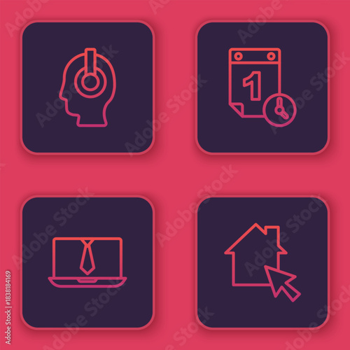 Set line Freelancer, Video chat conference, Time management and Online working. Blue square button. Vector