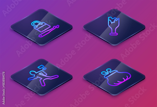 Set Isometric line Lock picks for lock picking, Murder, Broken bottle as weapon and Wallet. Blue square button. Vector