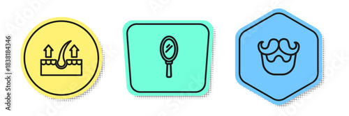Set line Human hair follicle, Hand mirror and Mustache beard. Colored shapes. Vector