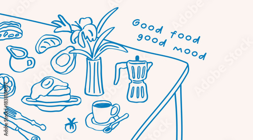 Breakfast table sketch with morning coffee cup, pancakes, food and flower vase, dining serving in doodle Dolce Vita style. Lunch meal, scribble pencil drawing. Hand-drawn vector illustration.