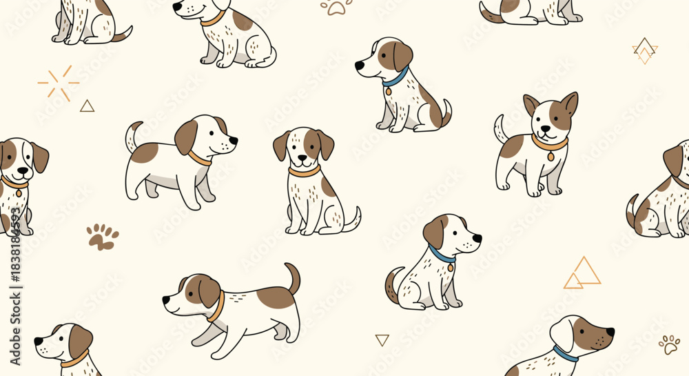 Obraz premium Cute brown and white cartoon puppies with collars in a playful seamless pattern, ideal for children's designs and pet-themed backgrounds.