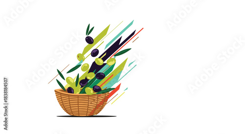 Dynamic abstract illustration of fresh green and black olives falling into a rustic wicker basket, symbolizing harvest or abundance.