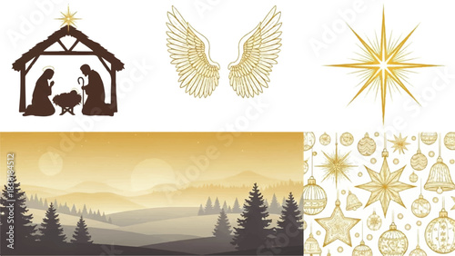 A collection of Christmas-themed graphic elements including a nativity scene, angel wings, a star, a winter landscape, and ornaments.