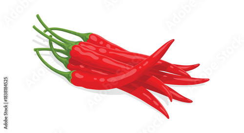 A collection of bright red chili peppers, also known as hot peppers, with their distinctive green stems, arranged on a clean white background.