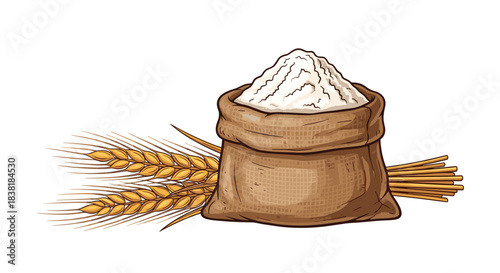 An illustration depicting a sack full of white flour next to golden wheat ears and straw, representing baking ingredients and harvest.