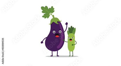 A surprised cartoon eggplant with a raised arm stands next to a smaller, shocked green vegetable character on a clean white background.