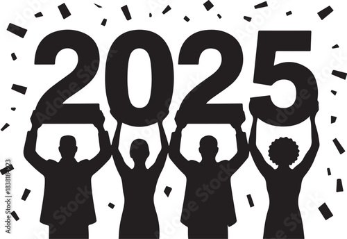 Four people hold up large numbers forming 2025 with confetti