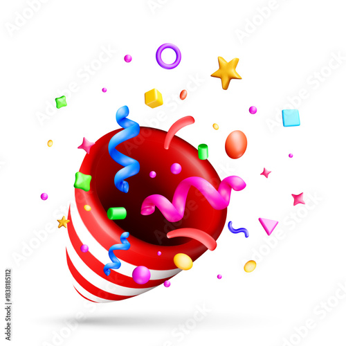 Confetti cracker exploding with colorful streamers and shapes. 3d festive party popper for celebration, holiday, birthday greeting card design. Joyful event concept. Vector illustration