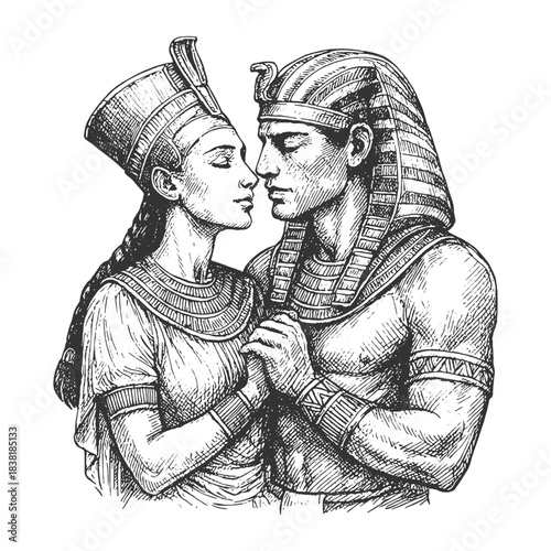 omantic black and white ancient couple vector illustration with detailed historical attire, perfect for mythology themes, storytelling visuals, book covers, and classic art concepts.