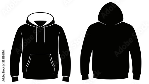 Black Hoodie Silhouette Template – Front and Back Pullover Sweatshirt Vector