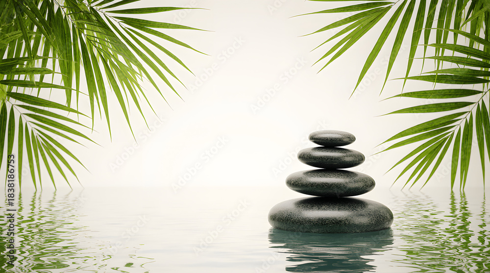 Obraz premium Serene Spa Composition with Balanced Zen Stones, Green Leaves, and Soft Water Reflections for Wellness Themes