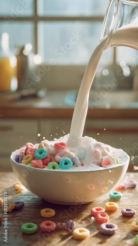 Cheerful kitchen morning breakfast with fresh milk pouring into bowl of colorful cereal food, creating dynamic splash for wholesome, delicious, and nostalgic meal