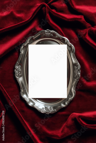 Vintage silver tray mockup with red velvet for luxury stationery